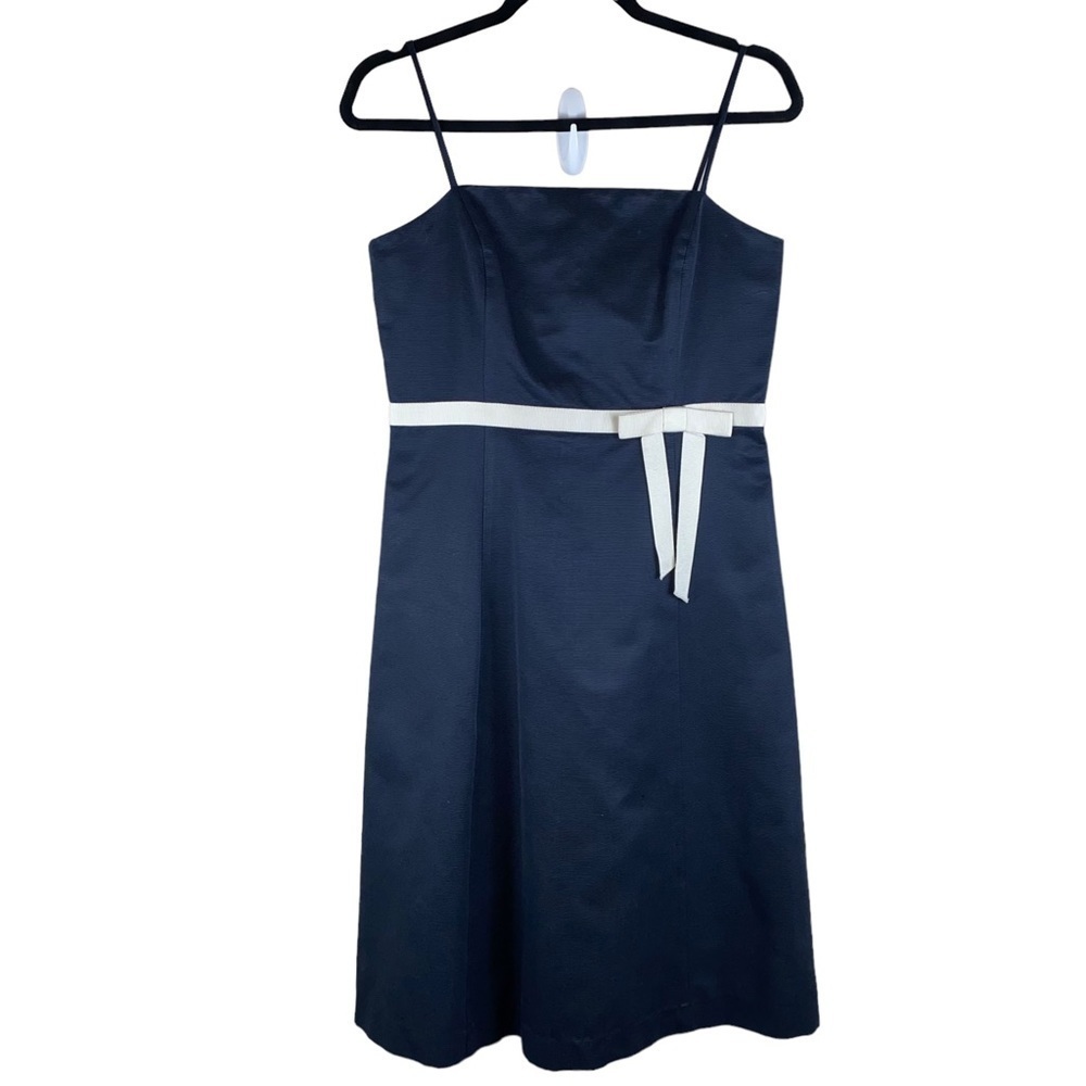 Ann Taylor Dress Navy Blue Cotton Silk Blend White Attached Belt w/Bow Sz 4